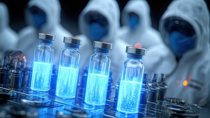 Medical vials with blue liquid in lab with researchers in protective gear