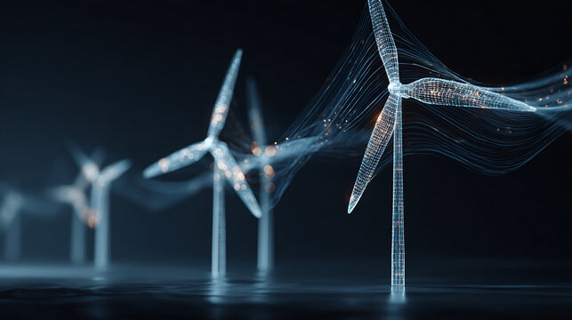 A futuristic depiction of wind turbines, showcasing clean energy and technology