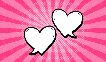 Two heart-shaped speech bubbles in retro comic style on pink background. Speech bubbles with semitones and radial rays, or elements of cartoon design, comics. Vector EPS 10. © Helga1