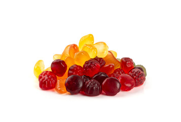 Fruit gummy candy pile isolated, vegan chewing marmalade pills, jelly gumdrops heap