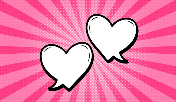 Two heart-shaped speech bubbles in retro comic style on pink background. Speech bubbles with semitones and radial rays, or elements of cartoon design, comics. Vector EPS 10.