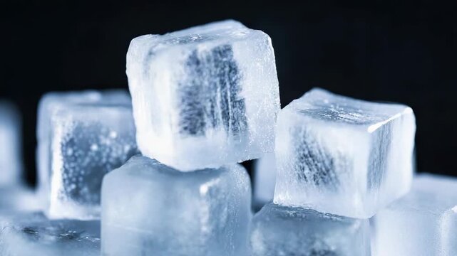 Clear ice cube stack with cold crystal water droplets blue glow and crisp frozen texture
