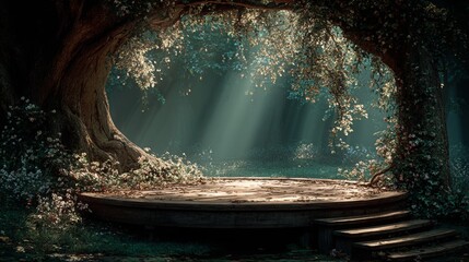 Mysterious Stage with Light Beams and Stairs.