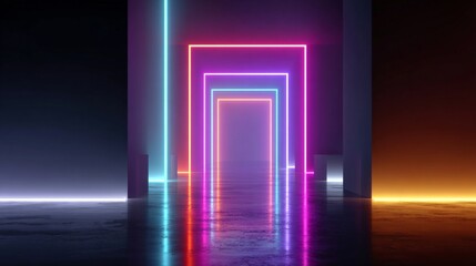 Neon Lighted Doorway in Dark Room.