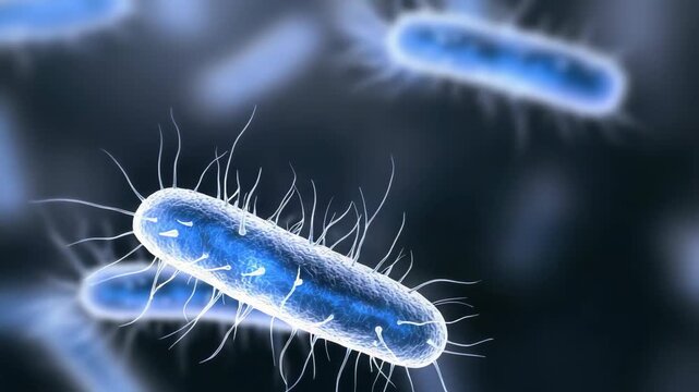 Blue microscopic rod bacterium with flagellum swimming dark fluid glowing texture blue