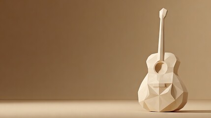 Geometric wooden guitar sculpture on a soft beige background with copy space