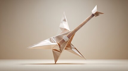 Origami guitar illustration on beige background with shadows and copy space