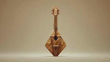 Geometric wooden lute instrument on beige background with shadows