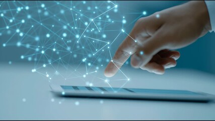 A hand is pointing at a tablet screen with a blue line of dots. Concept of technology and innovation, as the dots represent a digital network or connection - Powered by Adobe