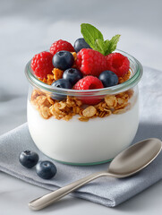 Healthy breakfast bowl with yogurt, berries, and granola on a light background