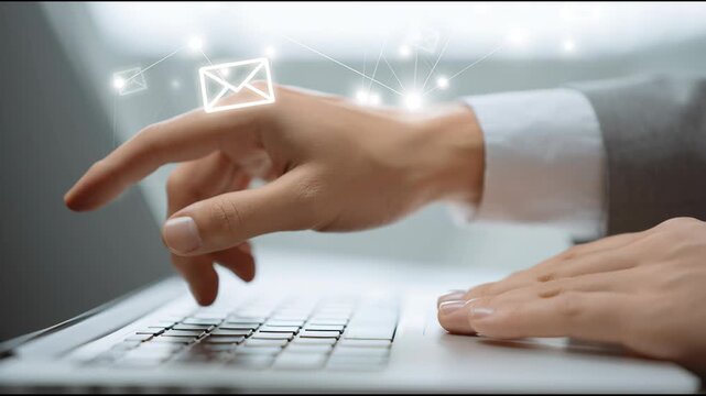 A person is typing on a laptop with a lot of emails on the screen. Concept of a busy workday, with the person likely working on multiple tasks and communicating with others through email