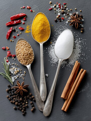 Spoons with spices and herbs on a dark background