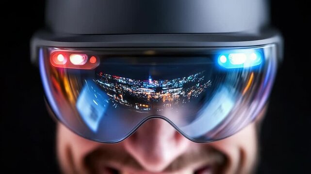 Futuristic visor reflecting city skyline at night with glowing lights and immersive tech reflection