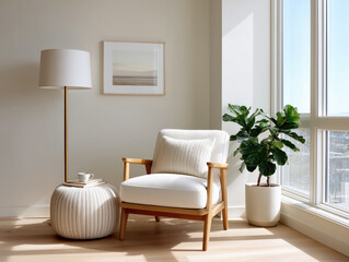 Cozy living room corner with modern chair, floor lamp, and indoor plant