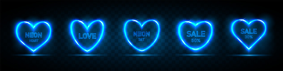 A set of blue neon heart-shaped frames with a place for text on a dark background. Glowing hearts for holiday cards, banners, invitations. Vector illustration.