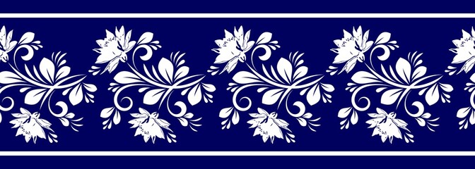 Decorative seamless border with a simple white floral ornament on a blue isolated background. Vintage ornament with abstract flowers, swirls, and leaves.