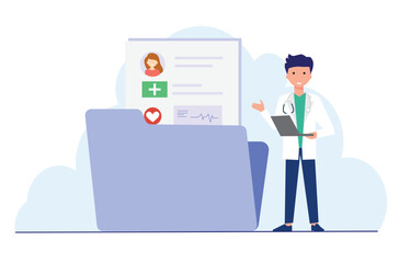 Doctor working on a laptop, managing electronic health and medical records, global healthcare AI technology