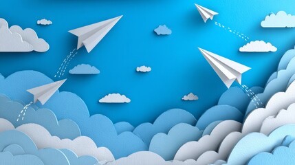 Paper Planes Flying Through Cloudy Sky.