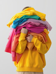 Person holds many colorful sweaters in hands while standing indoors