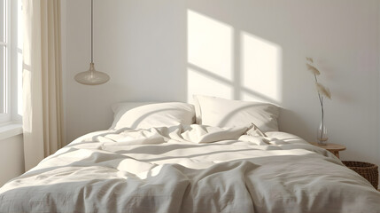 Minimal Cozy Bedroom with Soft Morning Sunlight Lifestyle Interior