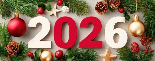 Celebration of 2026 with bright red and white numbers surrounded by Christmas decor and festive greenery