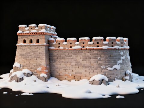 Snowcovered brick wall and tower