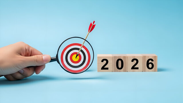 Strategic planning for 2026 with a target and arrow symbolizing goals, objectives, focus, success, and future results in business and personal life.