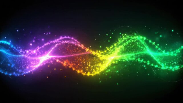 Neon rainbow wave glowing ribbon energy colorful sparkling particle trail with motion