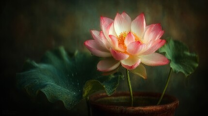 Pink Lotus Flower in Clay Pot.