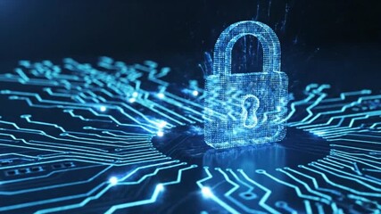 A digital padlock made of blue pixels floating above a blue circuit board with glowing lines design - Powered by Adobe