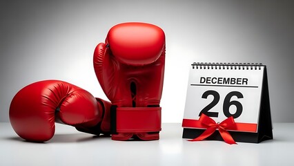 Red boxing gloves rest beside a december 26 calendar with a bow