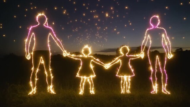 Family of four holding hands glowing outline at dusk with fireflies.