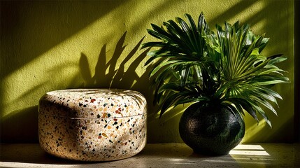 Potted Palm Plant with Stone Object Indoor.