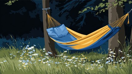 Hammock between trees in nature relaxing day dream illustration