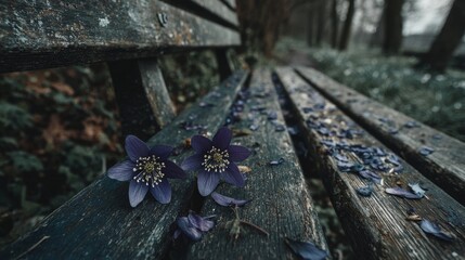 Purple Flowers on Old Wooden Bench.