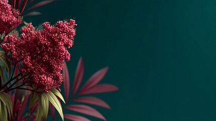 Red Flowers and Leaves on Dark Background.