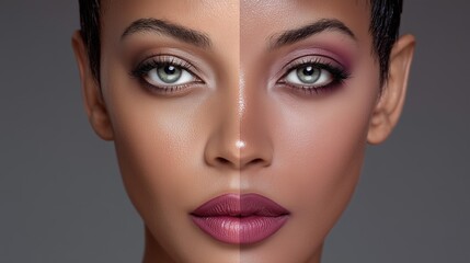 Fototapeta premium Woman's face split in two distinct makeup styles: natural on one side, dramatic on the other