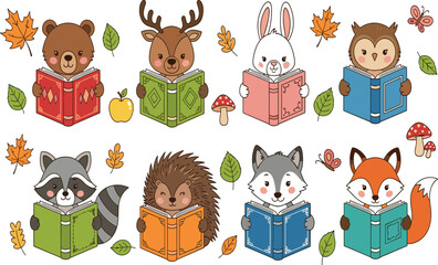 Obraz premium Cute cartoon woodland animals reading books illustration featuring forest animals, autumn leaves, education, learning, and storytelling theme
