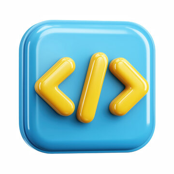 3D cartoon coding icon button with yellow code brackets and slash on blue rounded square isolated on transparent background.
