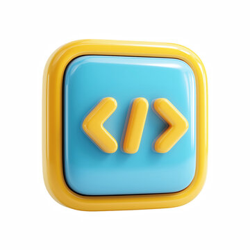 3D cartoon coding icon button with yellow code brackets and slash on blue rounded square isolated on transparent background.