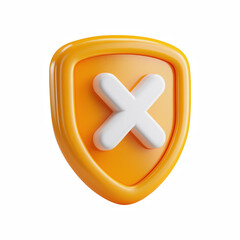 Fototapeta premium 3D orange shield icon with white X mark, glossy plastic security block symbol isolated on transparent background.