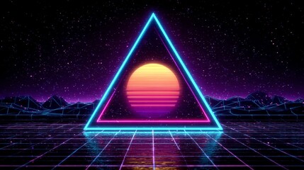 Retro Neon Triangle with Sunset Landscape.