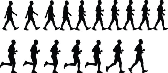 Human walking to running motion sequence silhouette set, male figure progression animation frames isolated on white background, fitness movement exercise gait cycle concept illustration