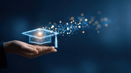 Digital graduation cap floating above hand illustrating education and knowledge