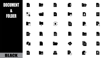 Black document and folder icon set for user interface design. file archive.