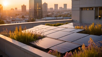 Photorealistic AI Urban Rooftop Garden with Solar Panels and City Skyline