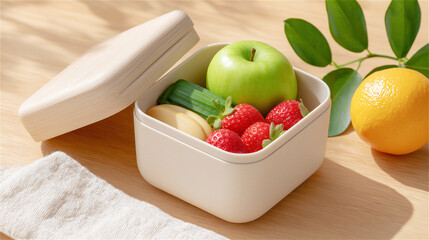 Healthy lunchbox with fresh fruit and greenery on a wooden table, bright natural light, concept of balanced diet, meal planning, work lunch, and mindful eating.