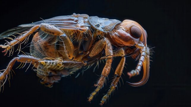 Extreme Macro of Flea Mid-Jump Showing Powerful Hind Legs and Armored Exoskeleton
