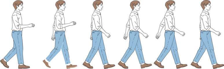 Walking man animation sequence illustration, male character step cycle, side view motion poses, cartoon style movement frames, modern flat design artwork
