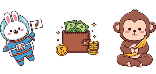 Cute cartoon illustration set with astronaut bunny, money wallet savings concept, and monkey eating banana flat vector design for kids and playful projects © Sumon Creative